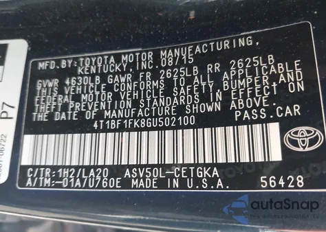 2016 Toyota Camry Xle from USA, damaged, VIN 4T1BF1FK8GU502100